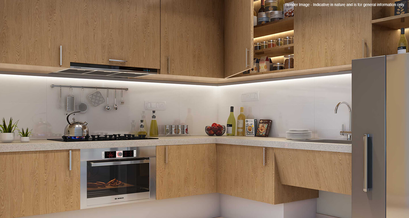 The kitchen area in a senior living apartment