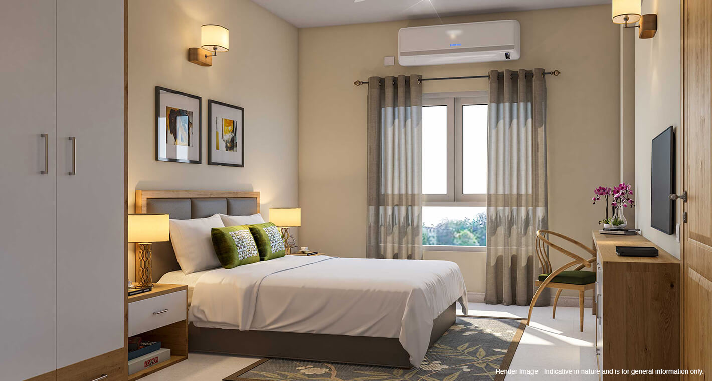 A well-decorated bedroom in a premium retirement apartment in Bangalore