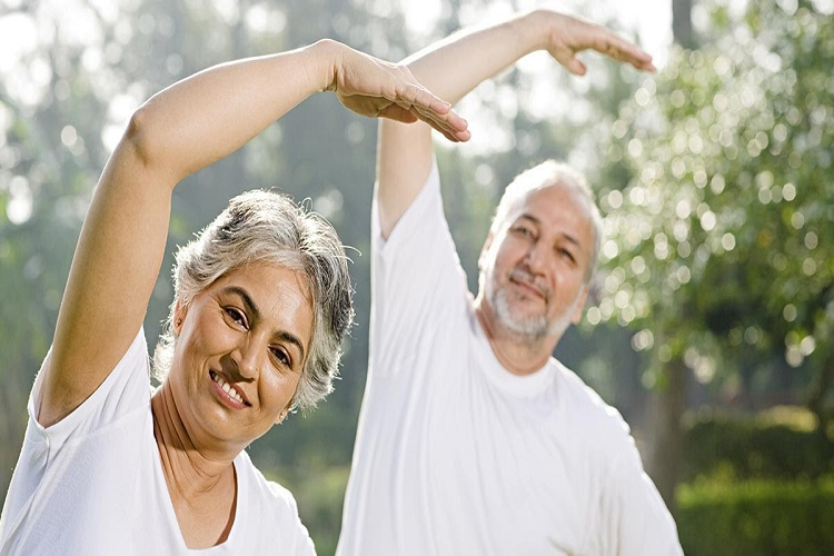 Senior citizens exercising at one of the retirement communities in Chennai